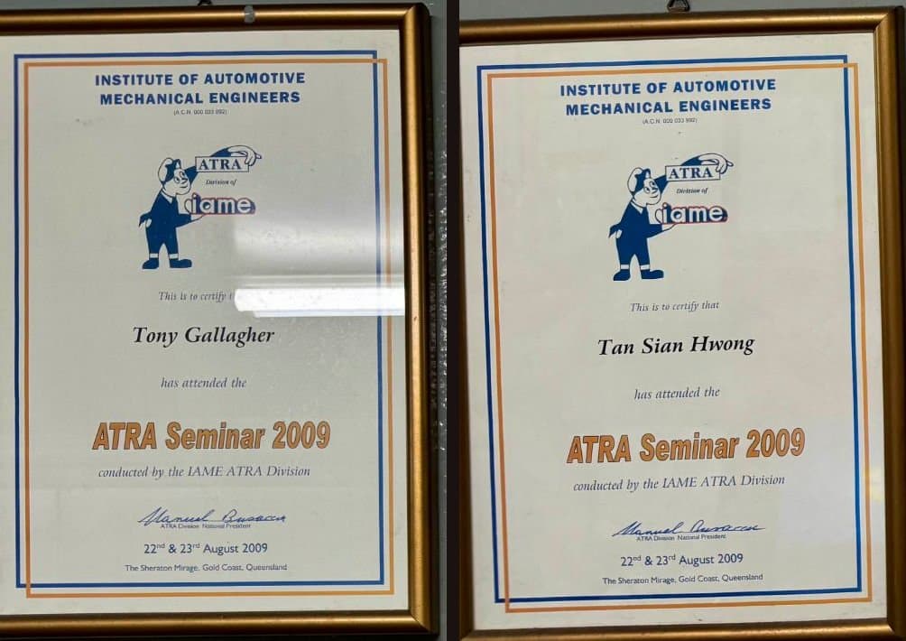 Sijil Seminar ATRA 2009 untuk Tony Gallagher dan Encik Hwong, Gold Coast, Queensland.
